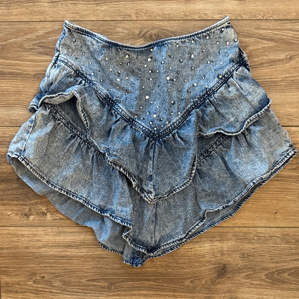 MOTHER Denim Ruffle Mini Skirt with Studs